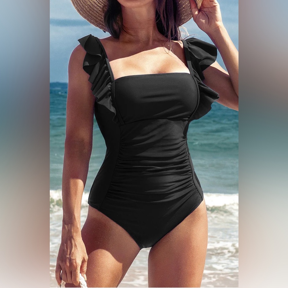 Ruffle Backless Black One Piece swimsuit